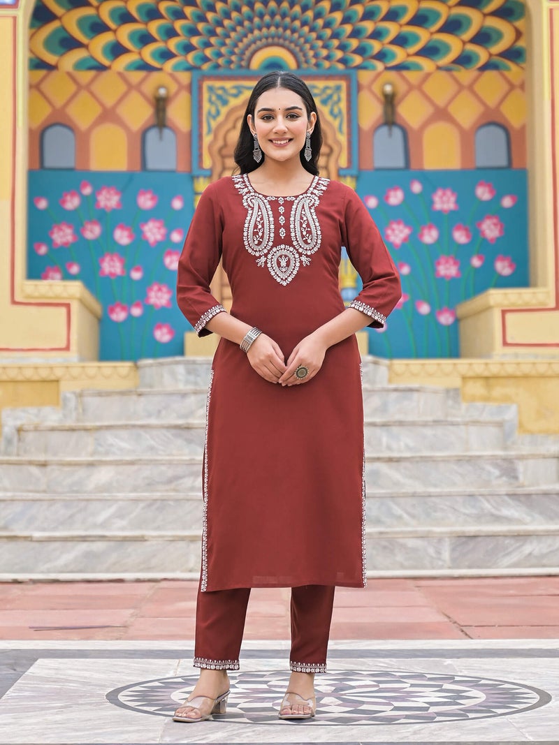 Shifory Maroon Embroidered Kurti Pant Set for Women - Image 1